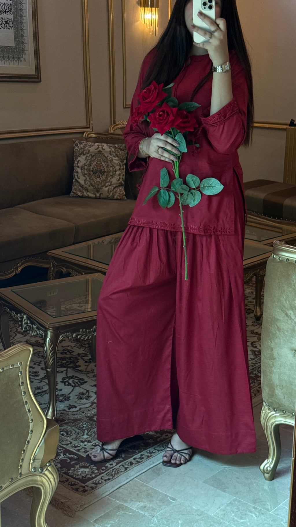 Maroon Embroidered Kurta with Wide-Leg Bottom