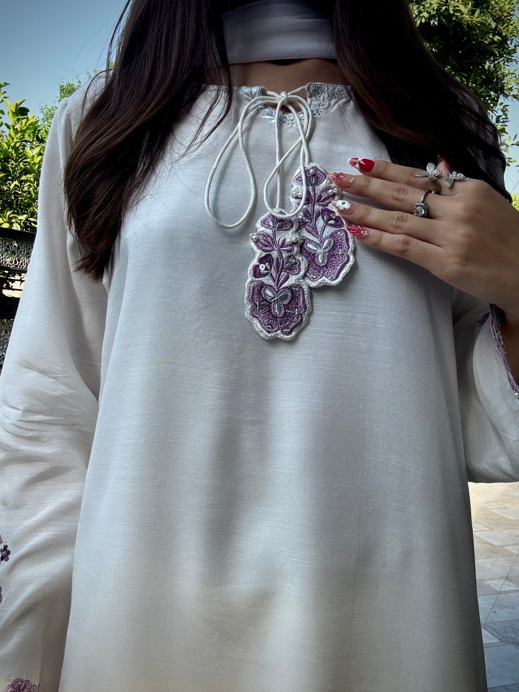 White Hand-Embellished 3-Piece Silk Luxury Suit with Purple Dupatta
