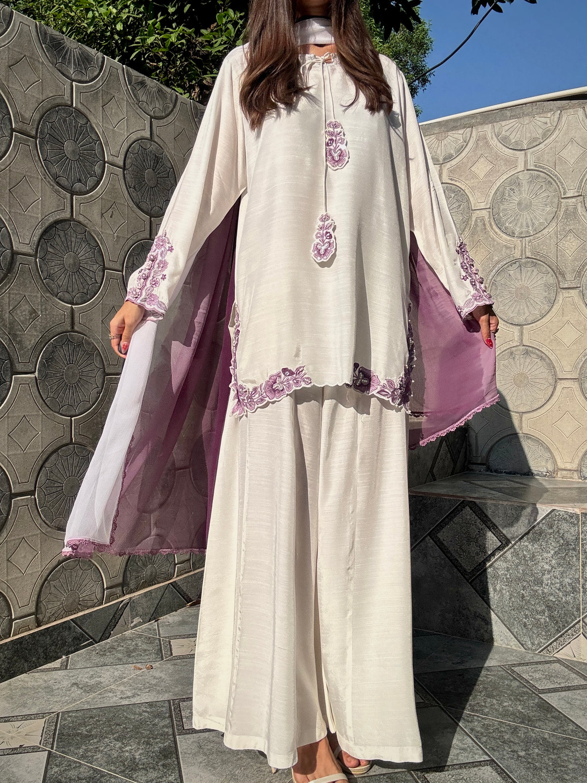White Hand-Embellished 3-Piece Silk Luxury Suit with Purple Dupatta