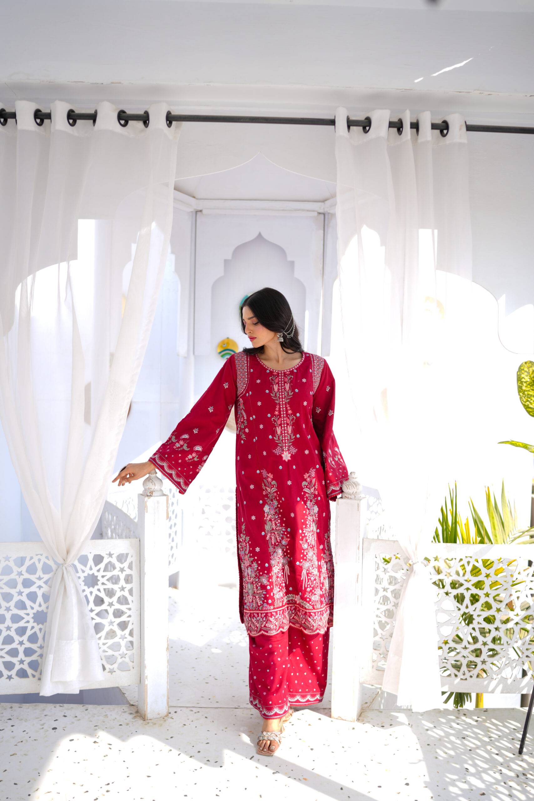 Maroon Khaddar Ensemble with Embroidery