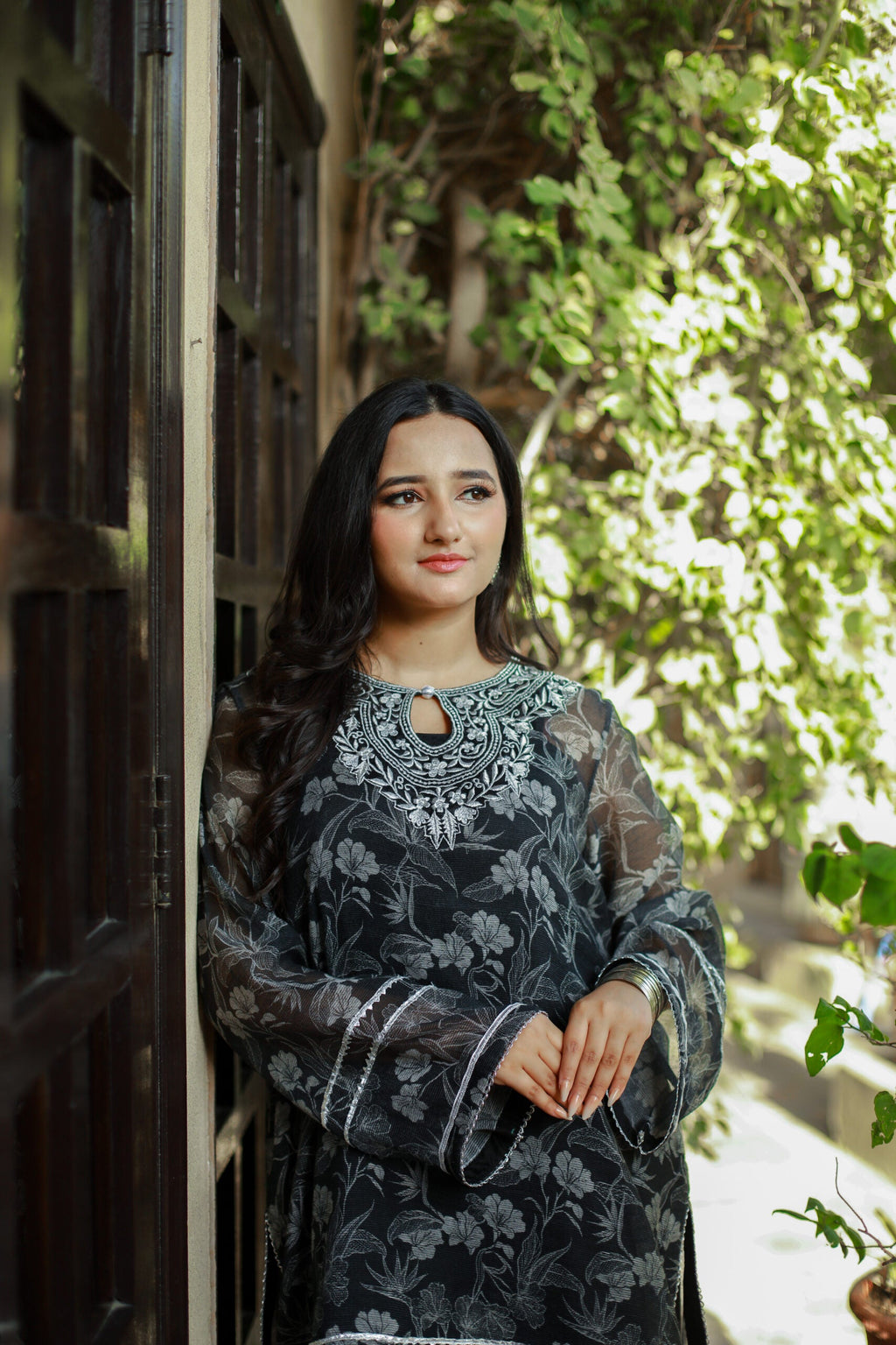 Black 4-Piece Embroidered Cotton Net