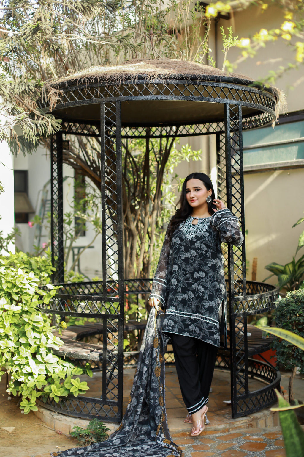 Black 4-Piece Embroidered Cotton Net