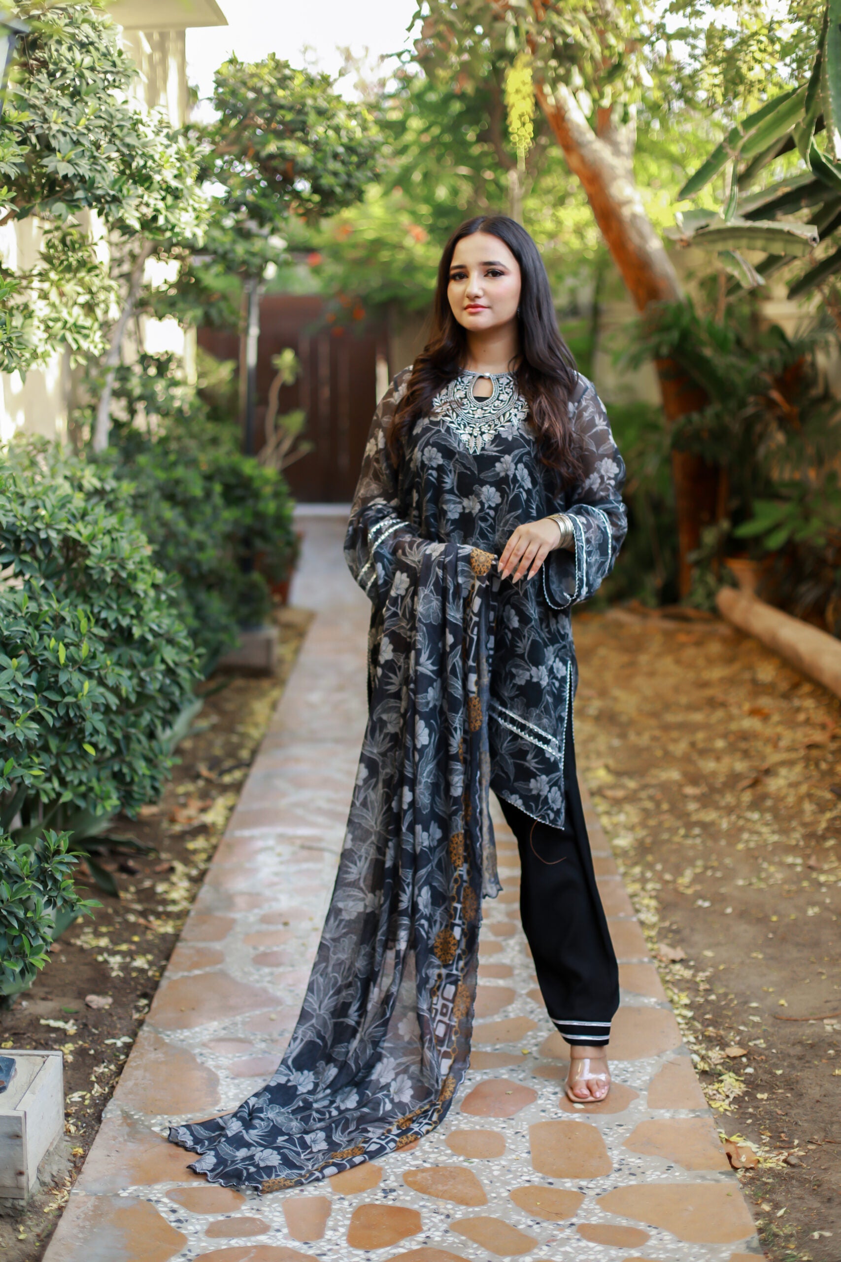 Black 4-Piece Embroidered Cotton Net