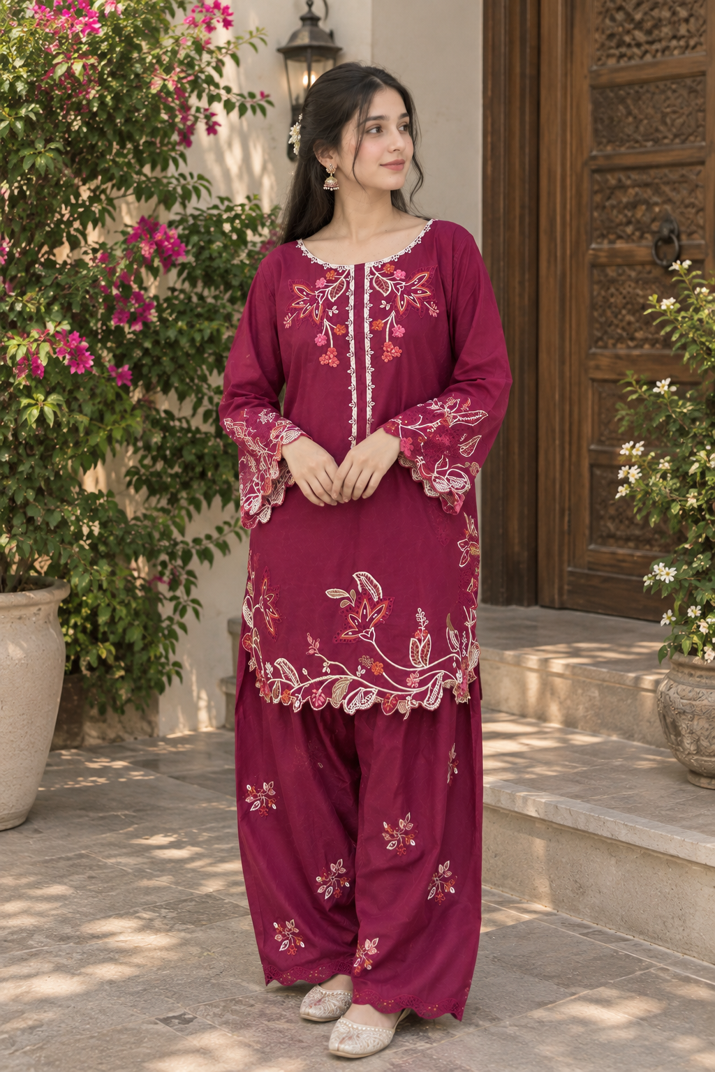 Magenta Embroidered 2-Piece