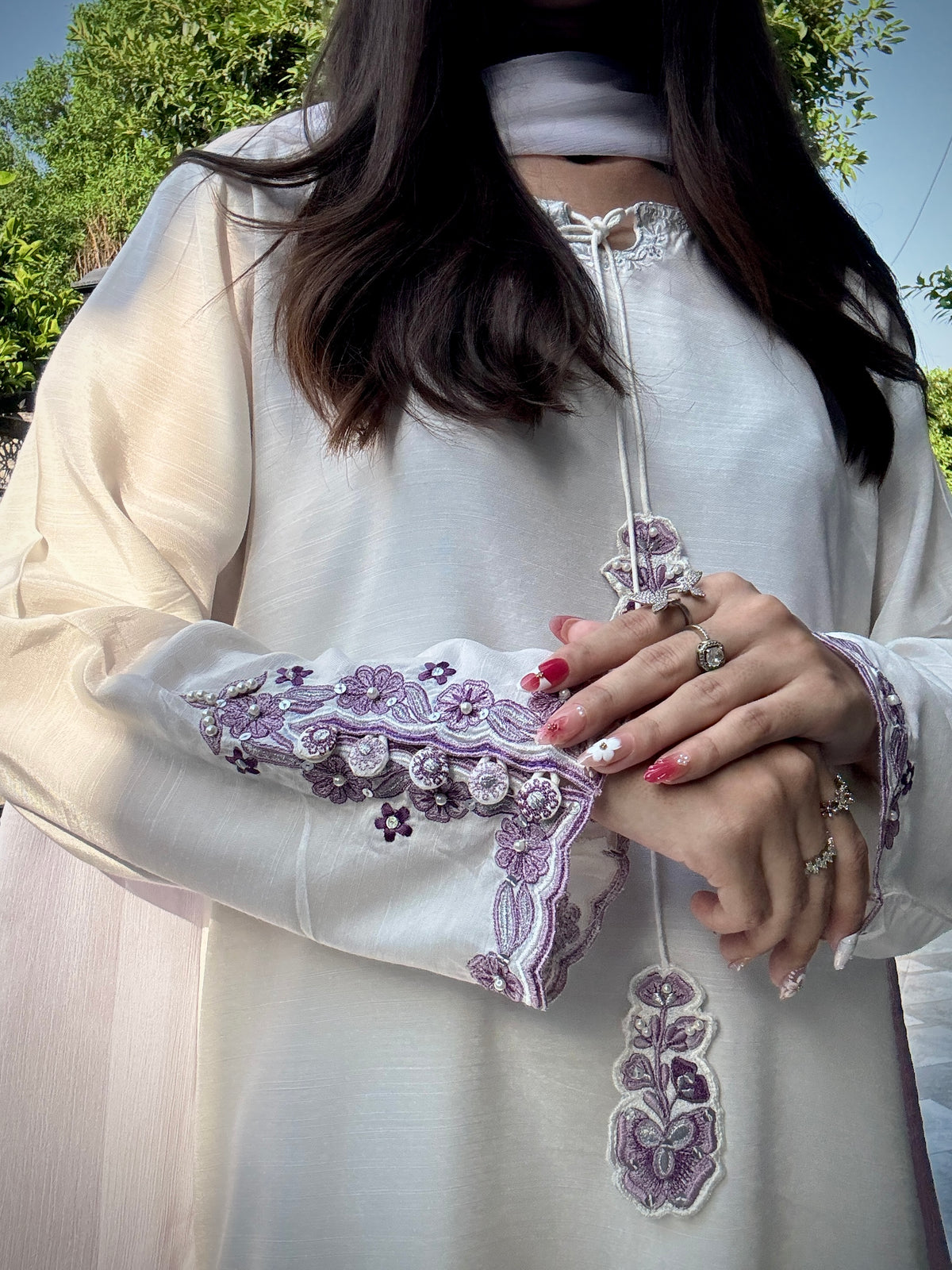 White Hand-Embellished 3-Piece Silk Luxury Suit with Purple Dupatta