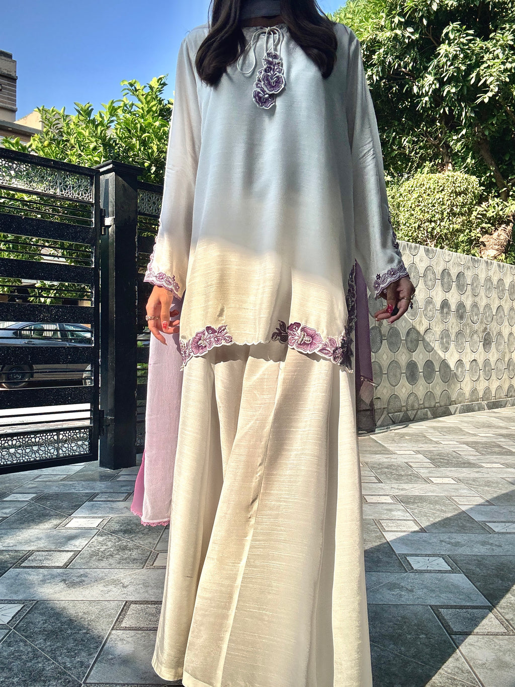 White Hand-Embellished 3-Piece Silk Luxury Suit with Purple Dupatta
