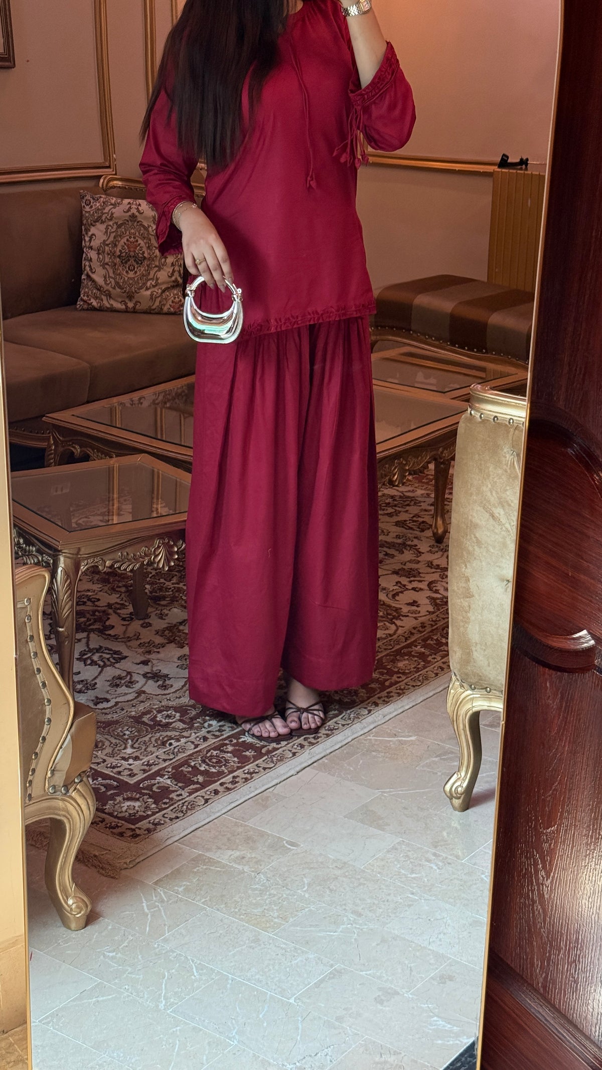 Maroon Embroidered Kurta with Wide-Leg Bottom