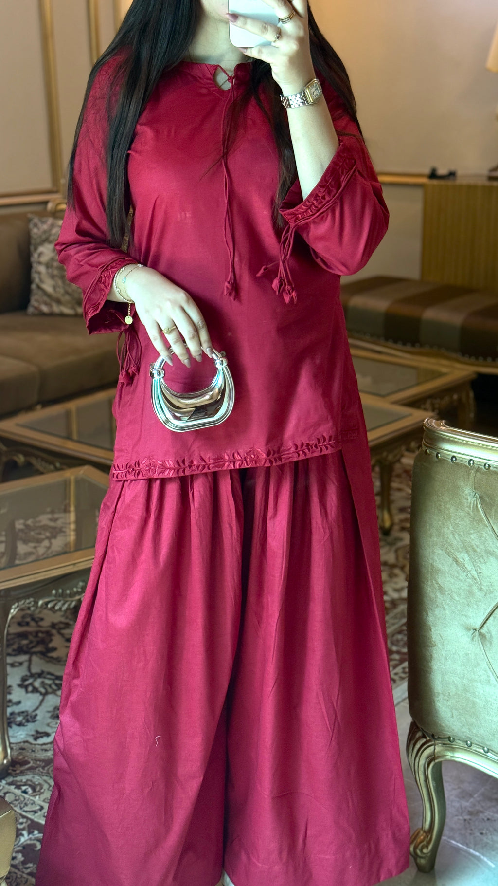 Maroon Embroidered Kurta with Wide-Leg Bottom