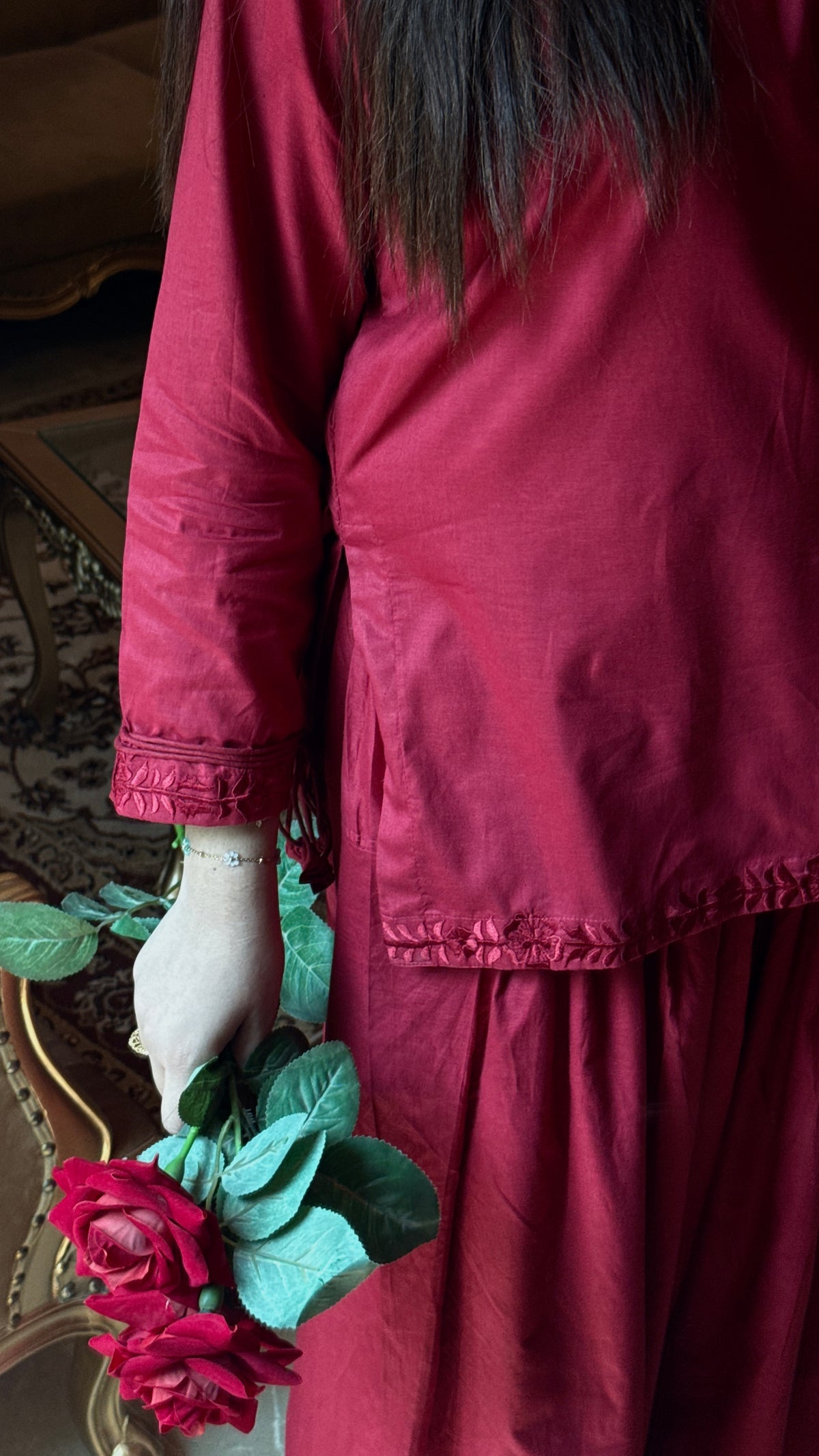 Maroon Embroidered Kurta with Wide-Leg Bottom
