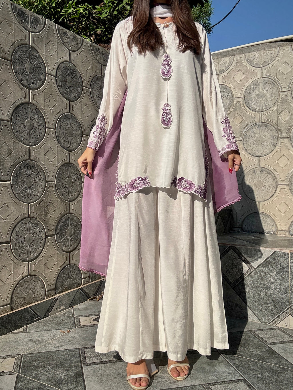 White Hand-Embellished 3-Piece Silk Luxury Suit with Purple Dupatta
