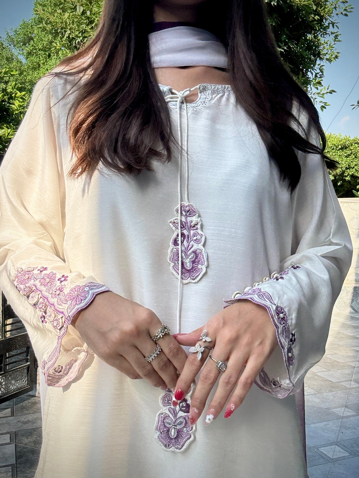White Hand-Embellished 3-Piece Silk Luxury Suit with Purple Dupatta