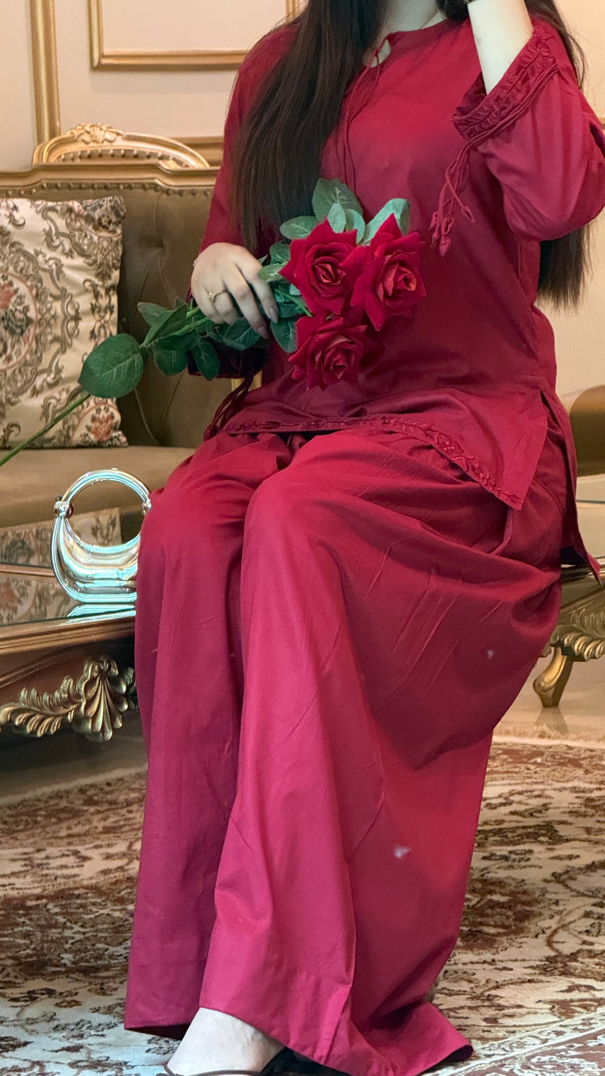 Maroon Embroidered Kurta with Wide-Leg Bottom