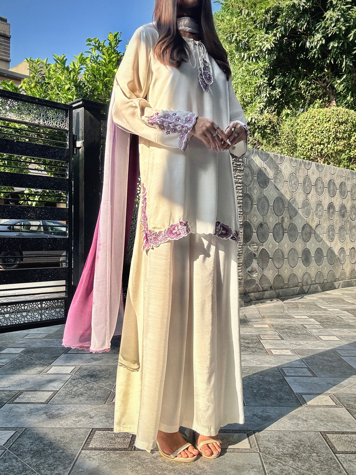 White Hand-Embellished 3-Piece Silk Luxury Suit with Purple Dupatta