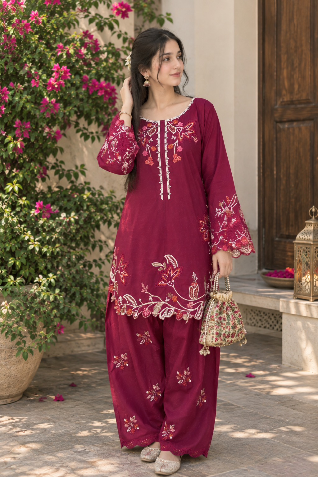 Magenta Embroidered 2-Piece