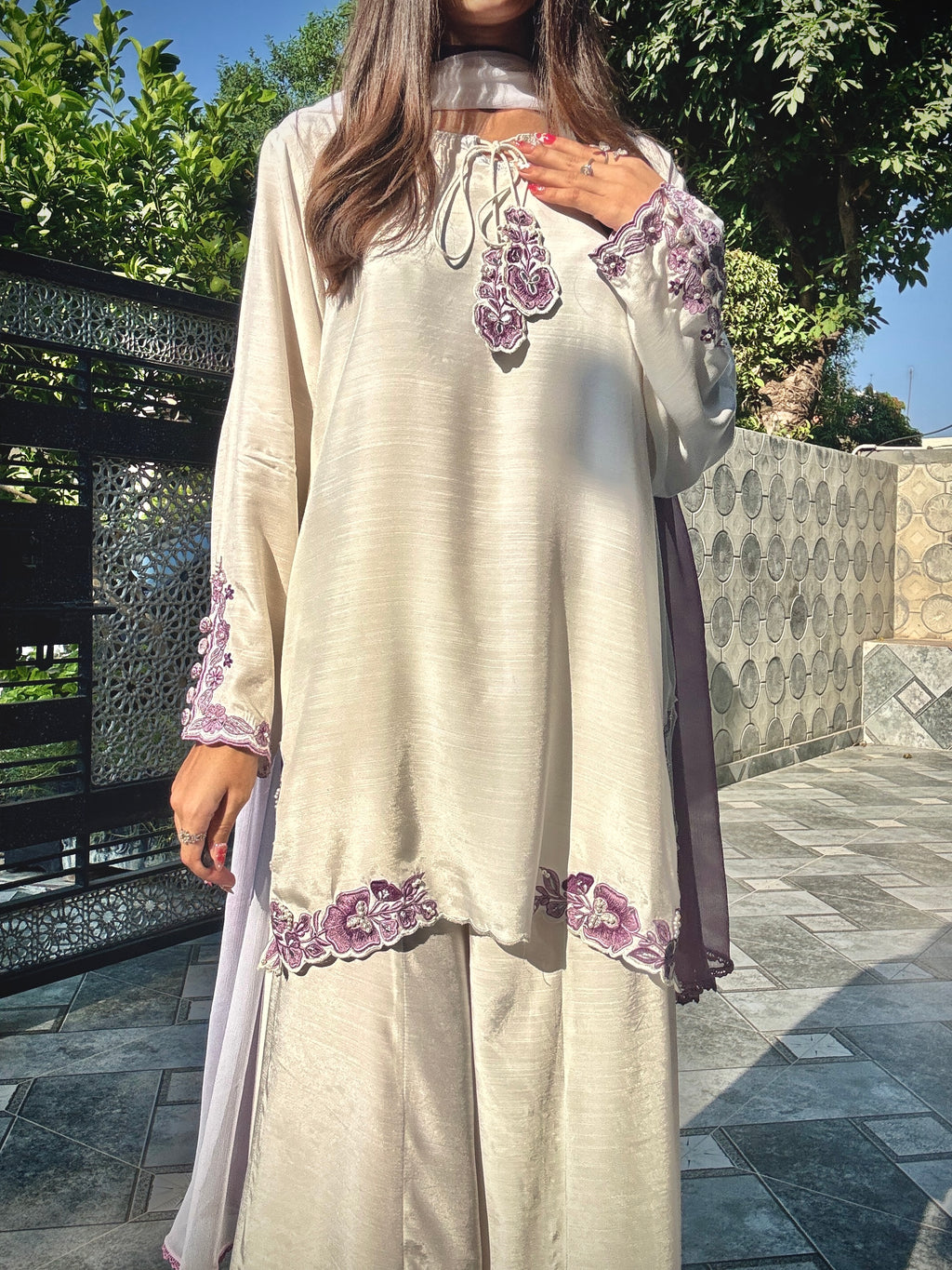 White Hand-Embellished 3-Piece Silk Luxury Suit with Purple Dupatta