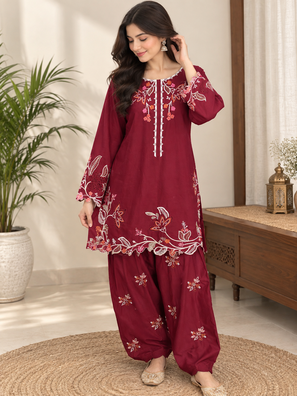 Garnet red Embroidered 2-Piece