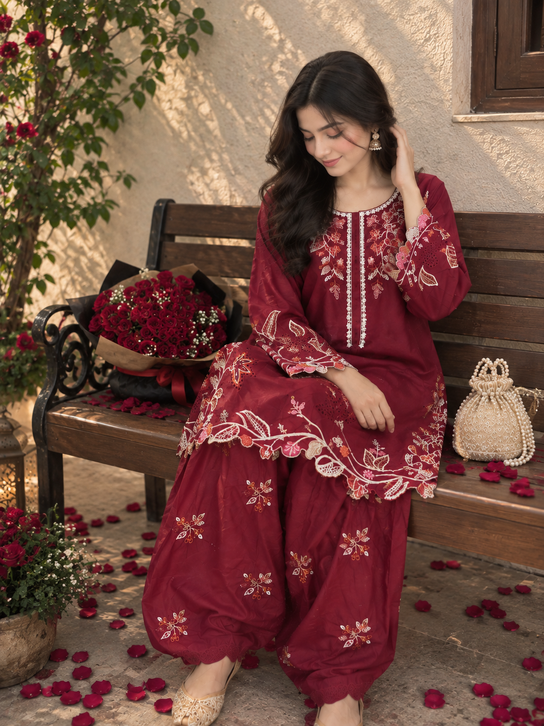Garnet red Embroidered 2-Piece