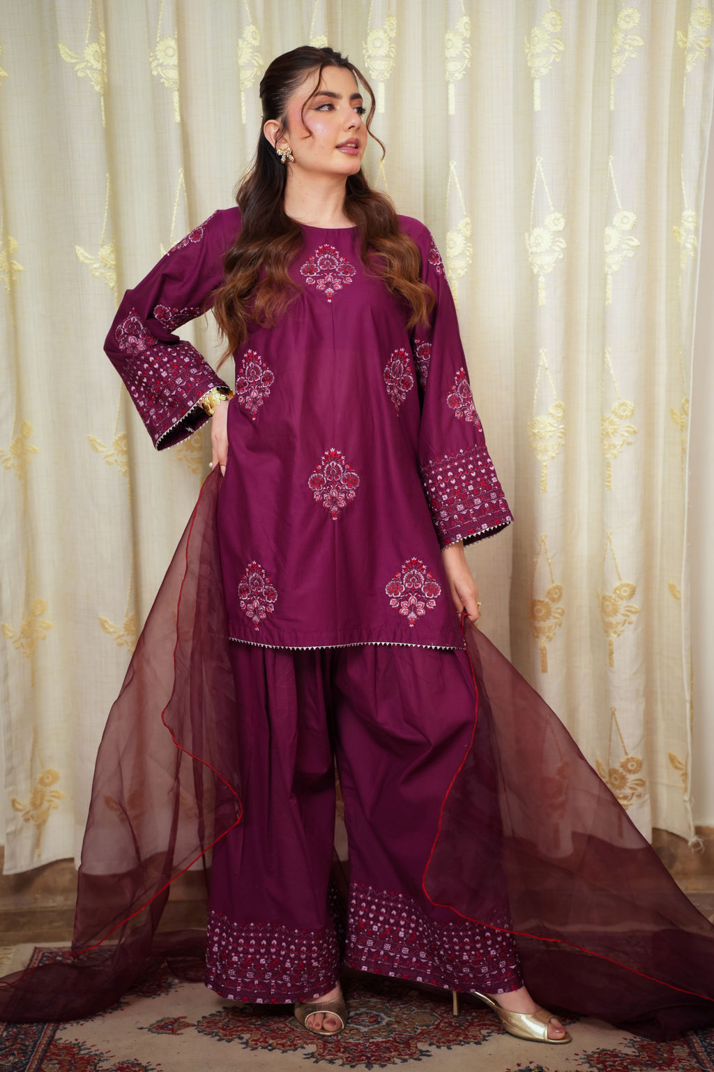 Wine Burgundy 2-piece Embroidered Lawn Suit
