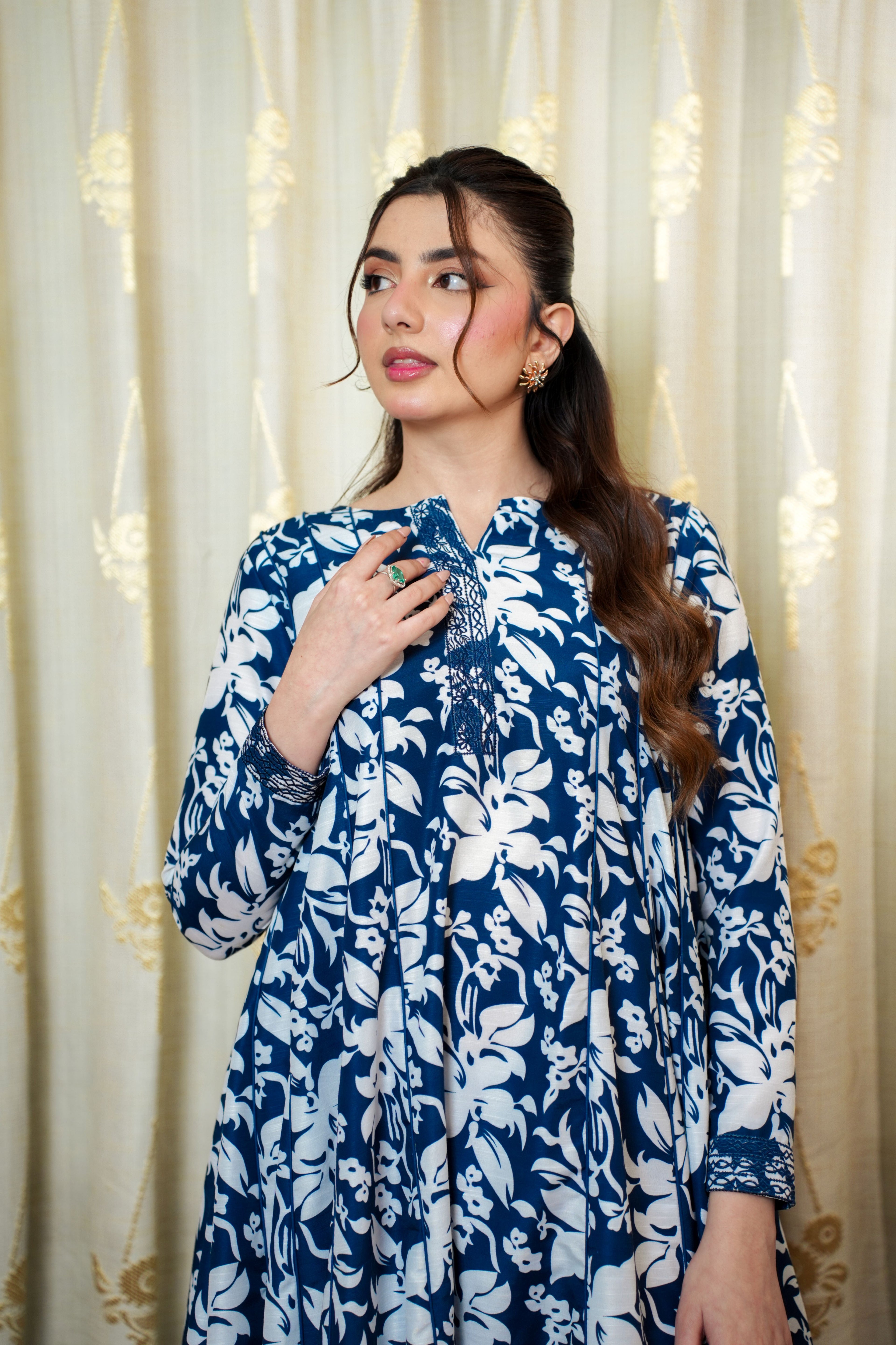 Blue Floral Printed + Embroidered 2-Piece Suit