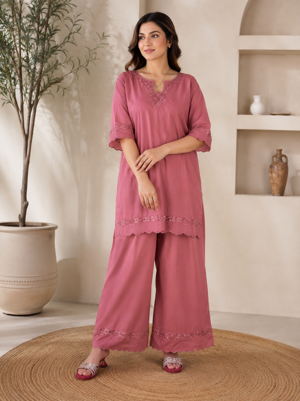Dusty Rose Embroidered 2-Piece Women’s Co-Ord Set