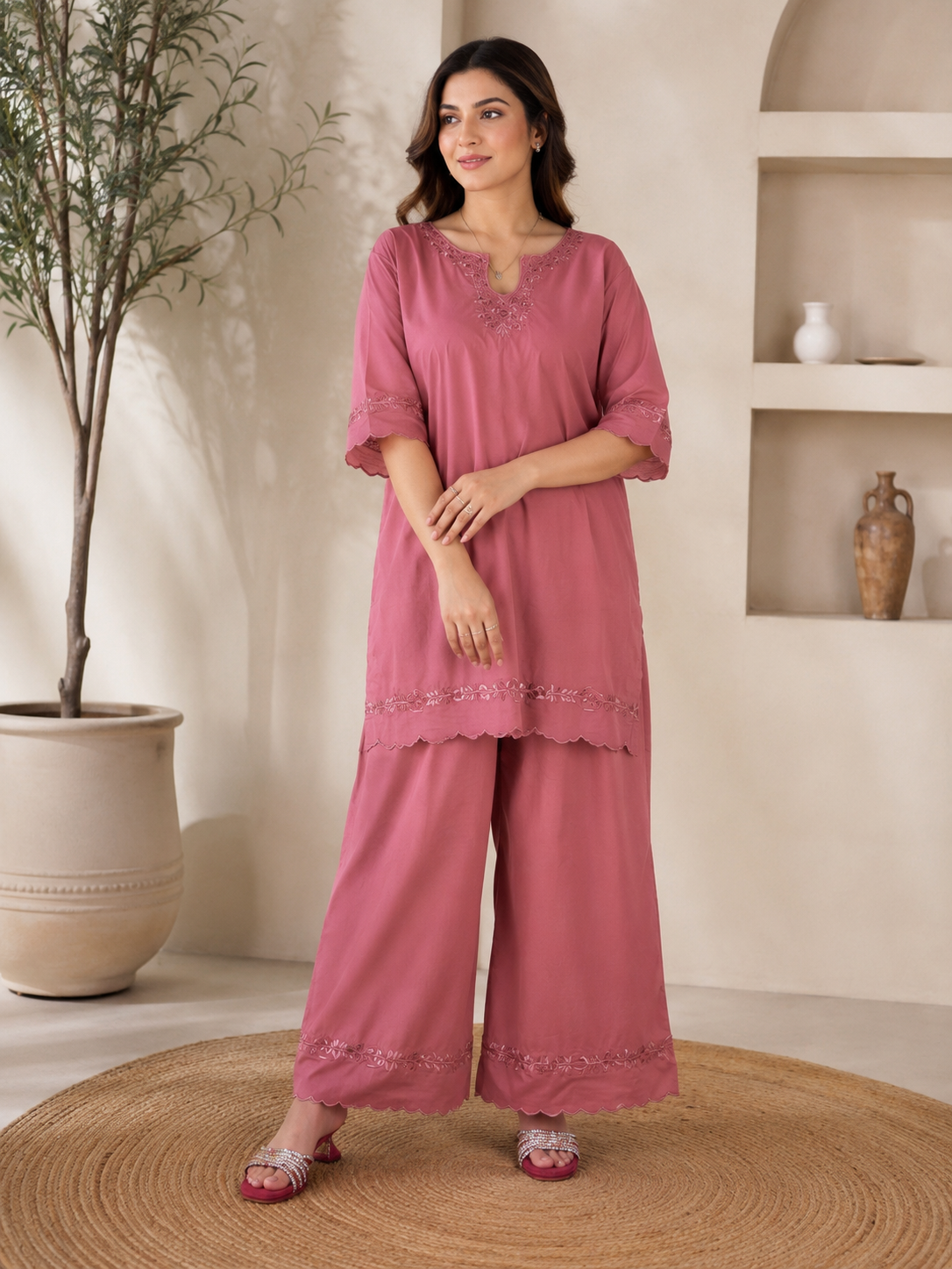 Dusty Rose Embroidered 2-Piece Women’s Co-Ord Set