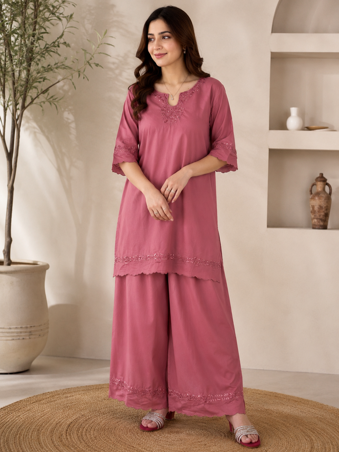 Dusty Rose Embroidered 2-Piece Women’s Co-Ord Set