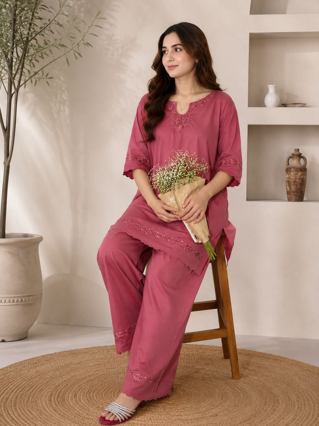 Dusty Rose Embroidered 2-Piece Women’s Co-Ord Set