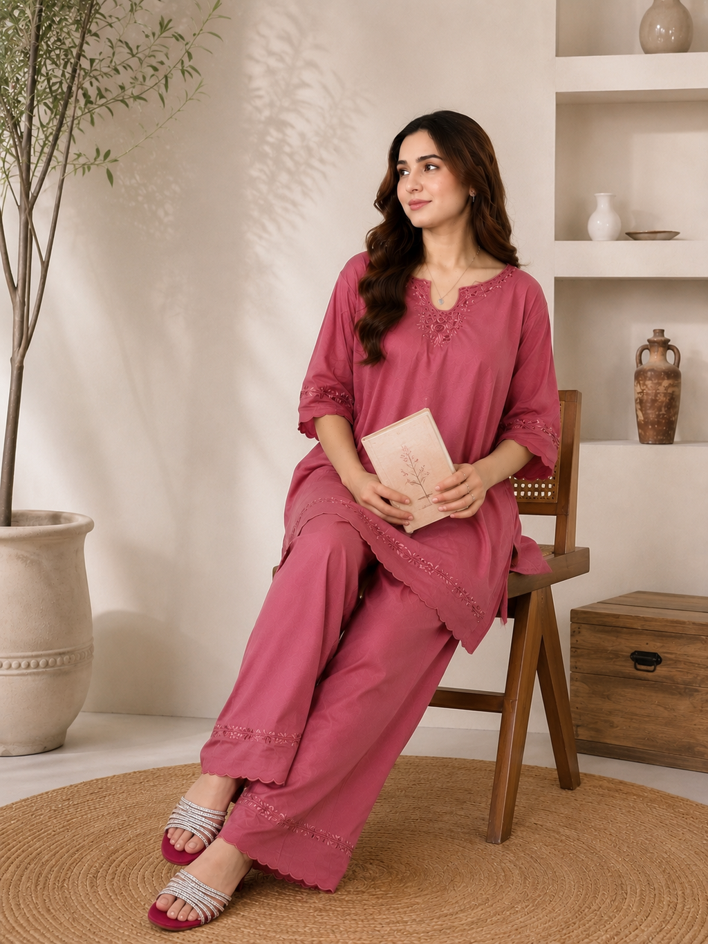 Dusty Rose Embroidered 2-Piece Women’s Co-Ord Set