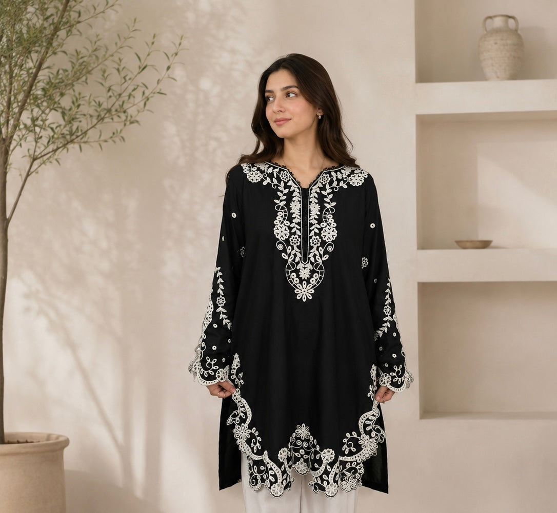 Black & White Embroidered 2-Piece Women’s Co-Ord Set