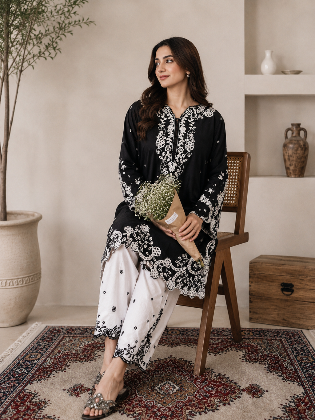Black & White Embroidered 2-Piece Women’s Co-Ord Set