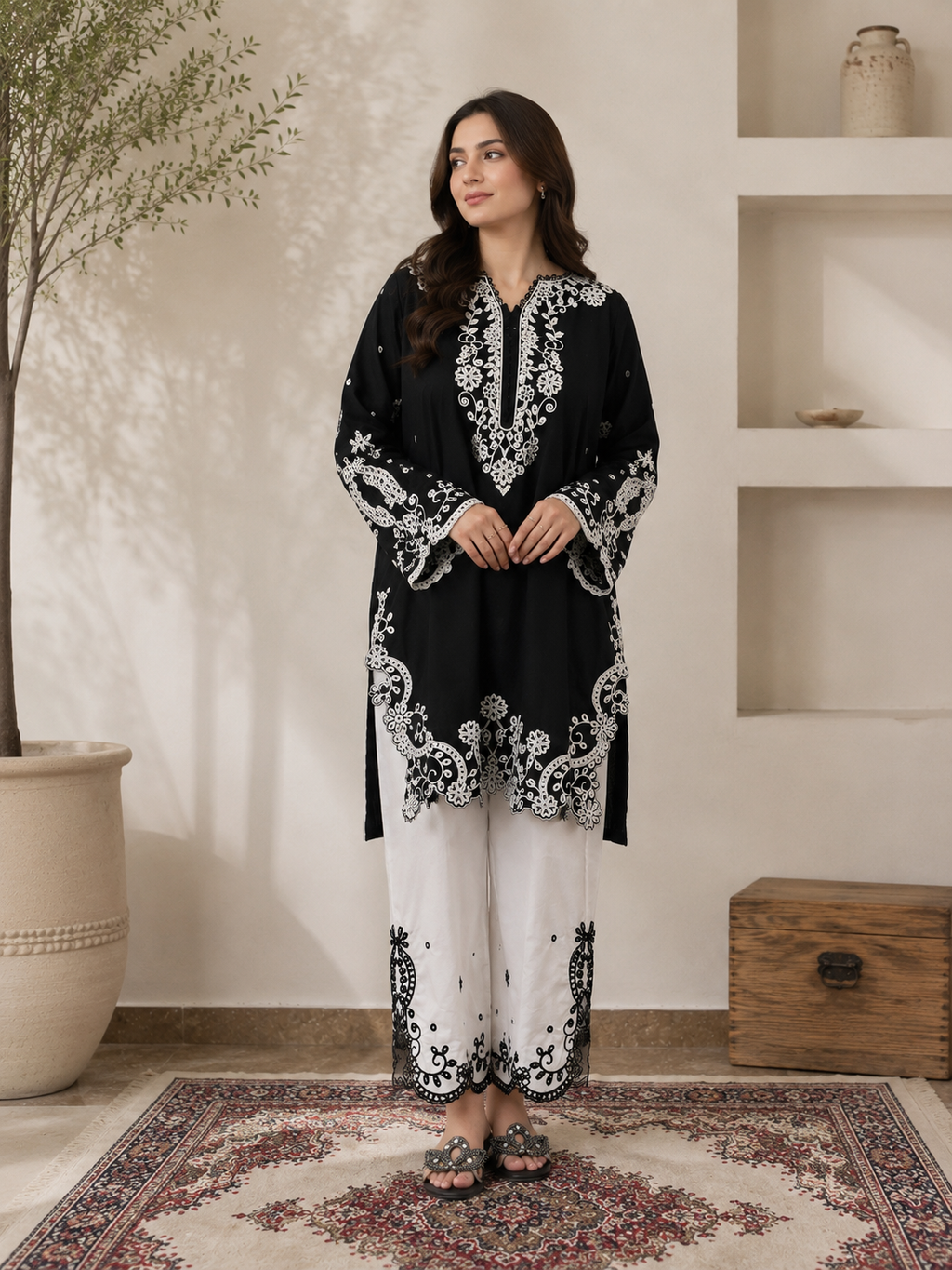 Black & White Embroidered 2-Piece Women’s Co-Ord Set