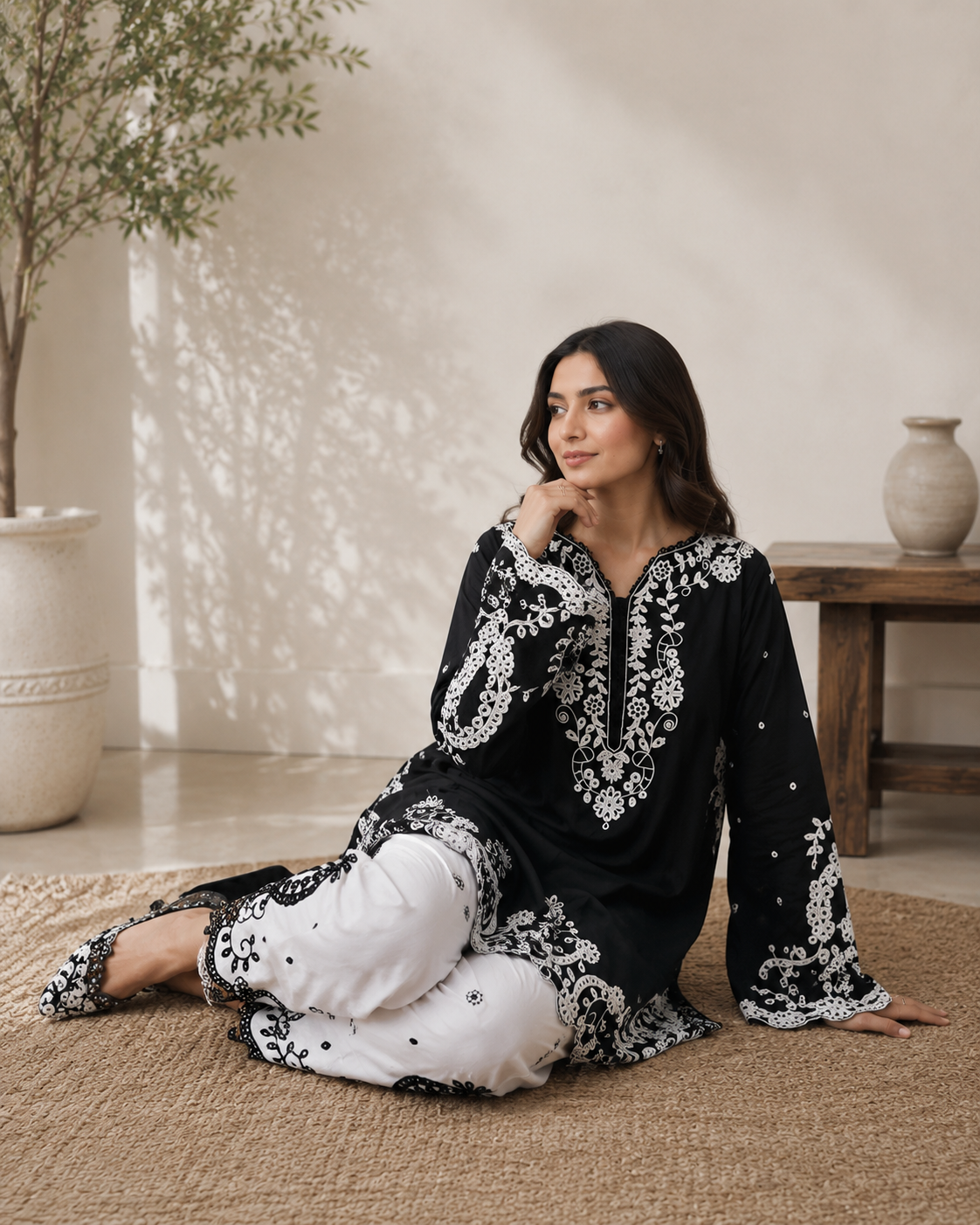 Black & White Embroidered 2-Piece Women’s Co-Ord Set