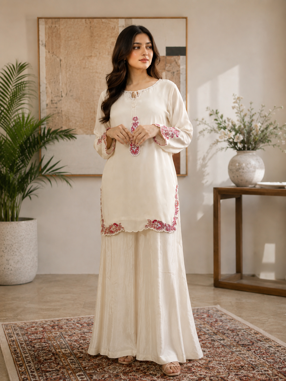 White Hand-Embellished 3-Piece Luxury Suit with Pink Dupatta