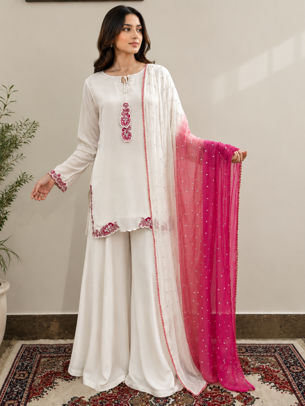 White Hand-Embellished 3-Piece Luxury Suit with Pink Dupatta