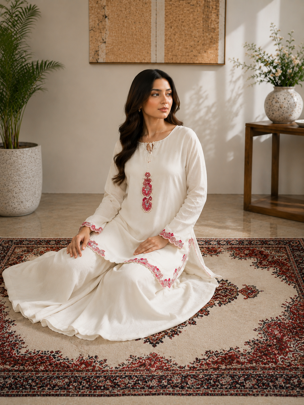 White Hand-Embellished 3-Piece Luxury Suit with Pink Dupatta
