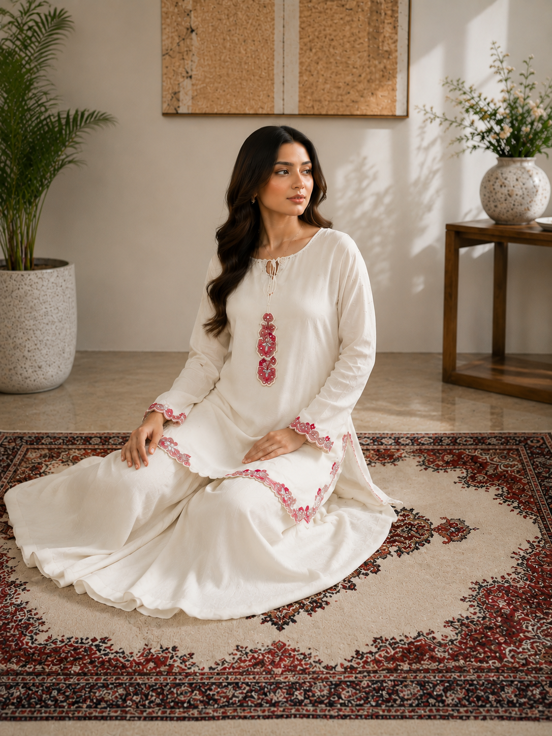 White Hand-Embellished 3-Piece Luxury Suit with Pink Dupatta