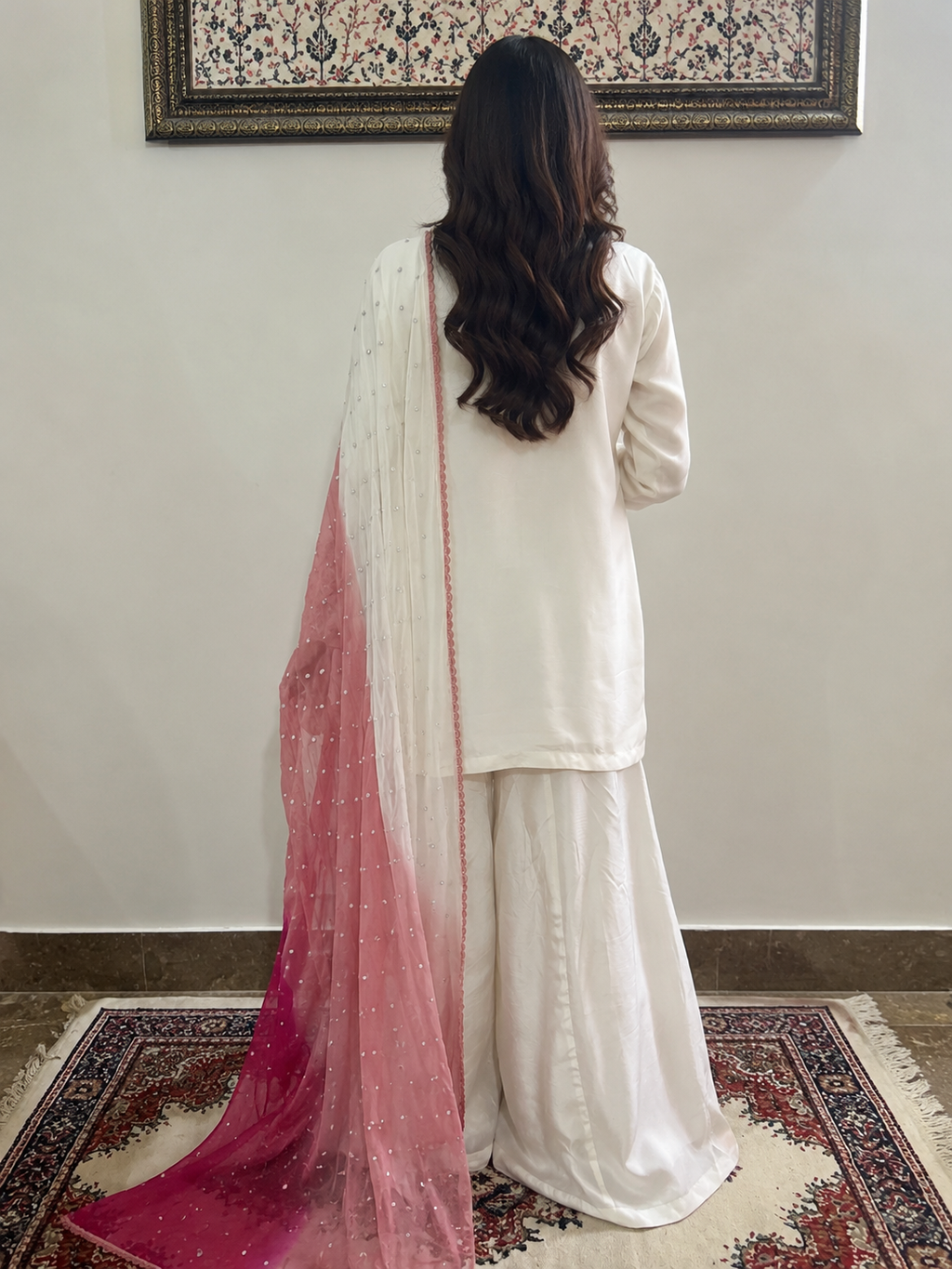 White Hand-Embellished 3-Piece Luxury Suit with Pink Dupatta