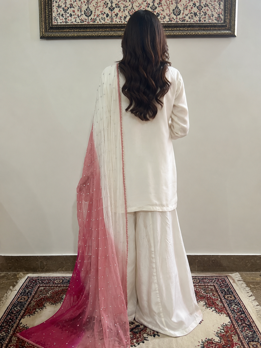 White Hand-Embellished 3-Piece Luxury Suit with Pink Dupatta