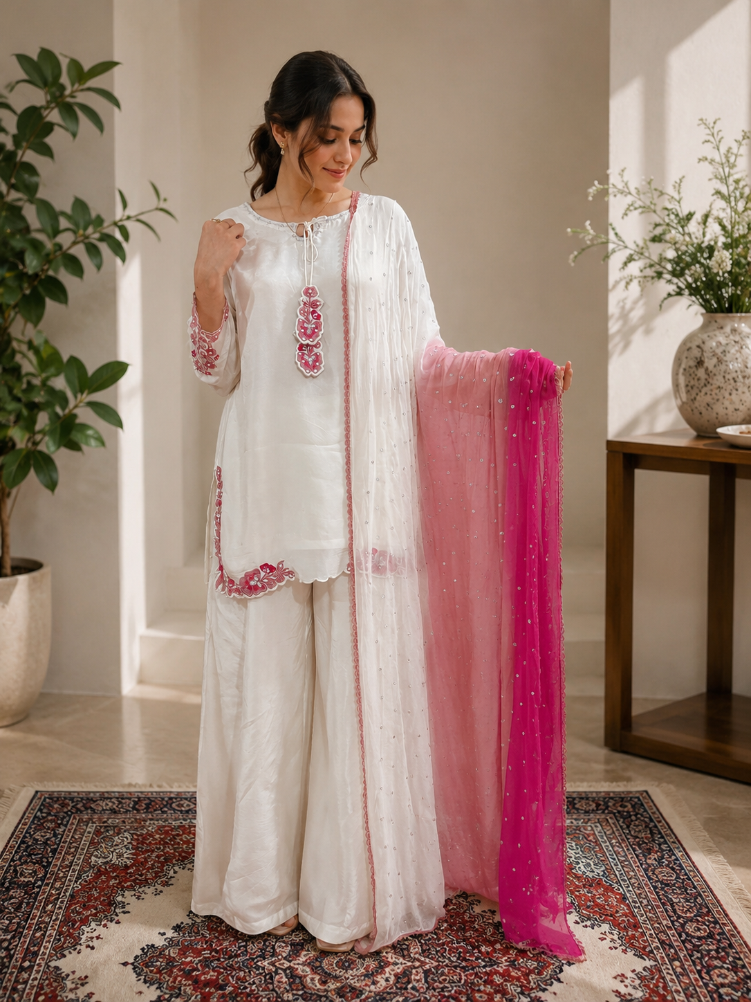 White Hand-Embellished 3-Piece Luxury Suit with Pink Dupatta