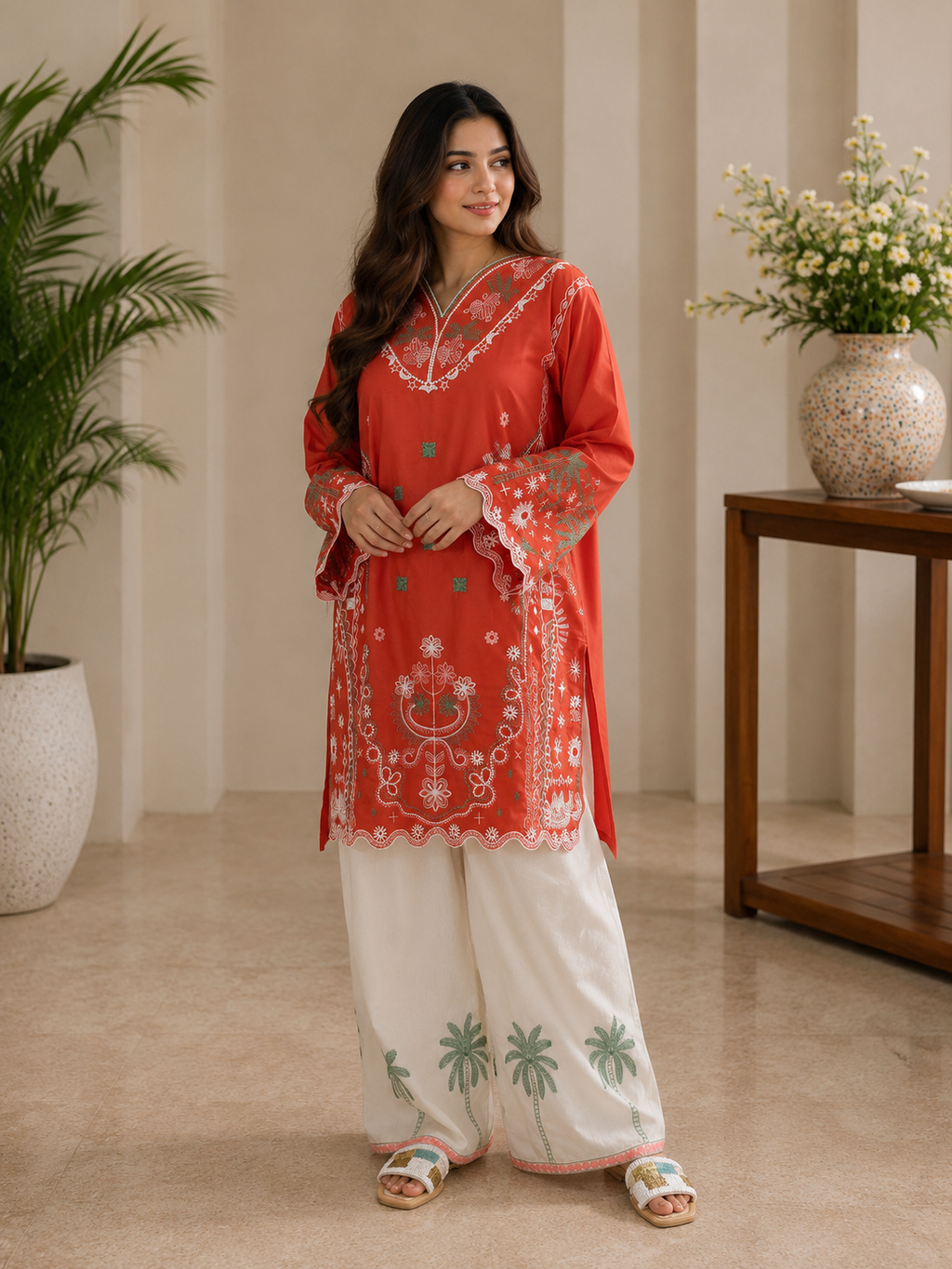 Rust Orange Embroidered 2-Piece Women’s Co-Ord Set