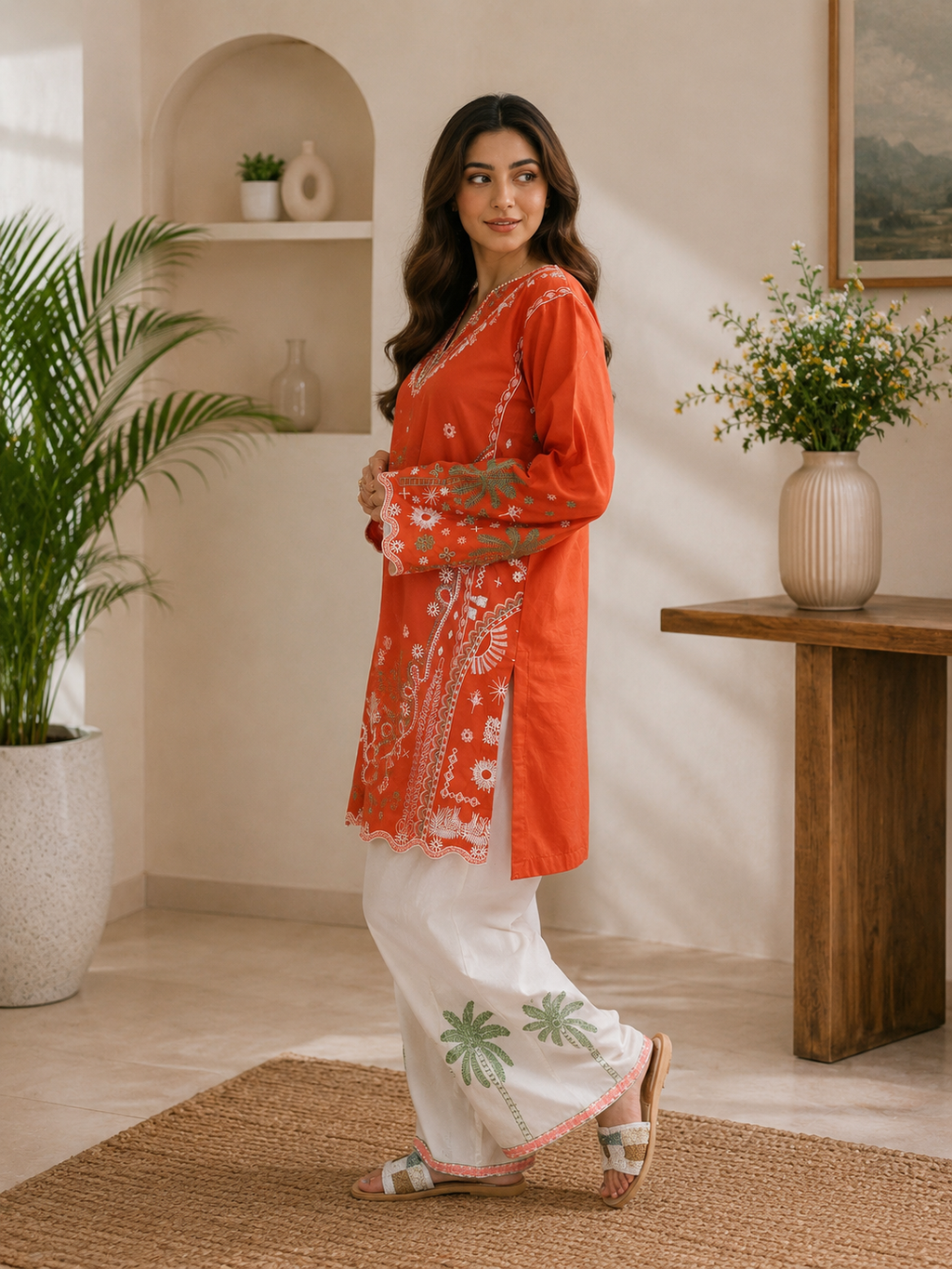 Rust Orange Embroidered 2-Piece Women’s Co-Ord Set