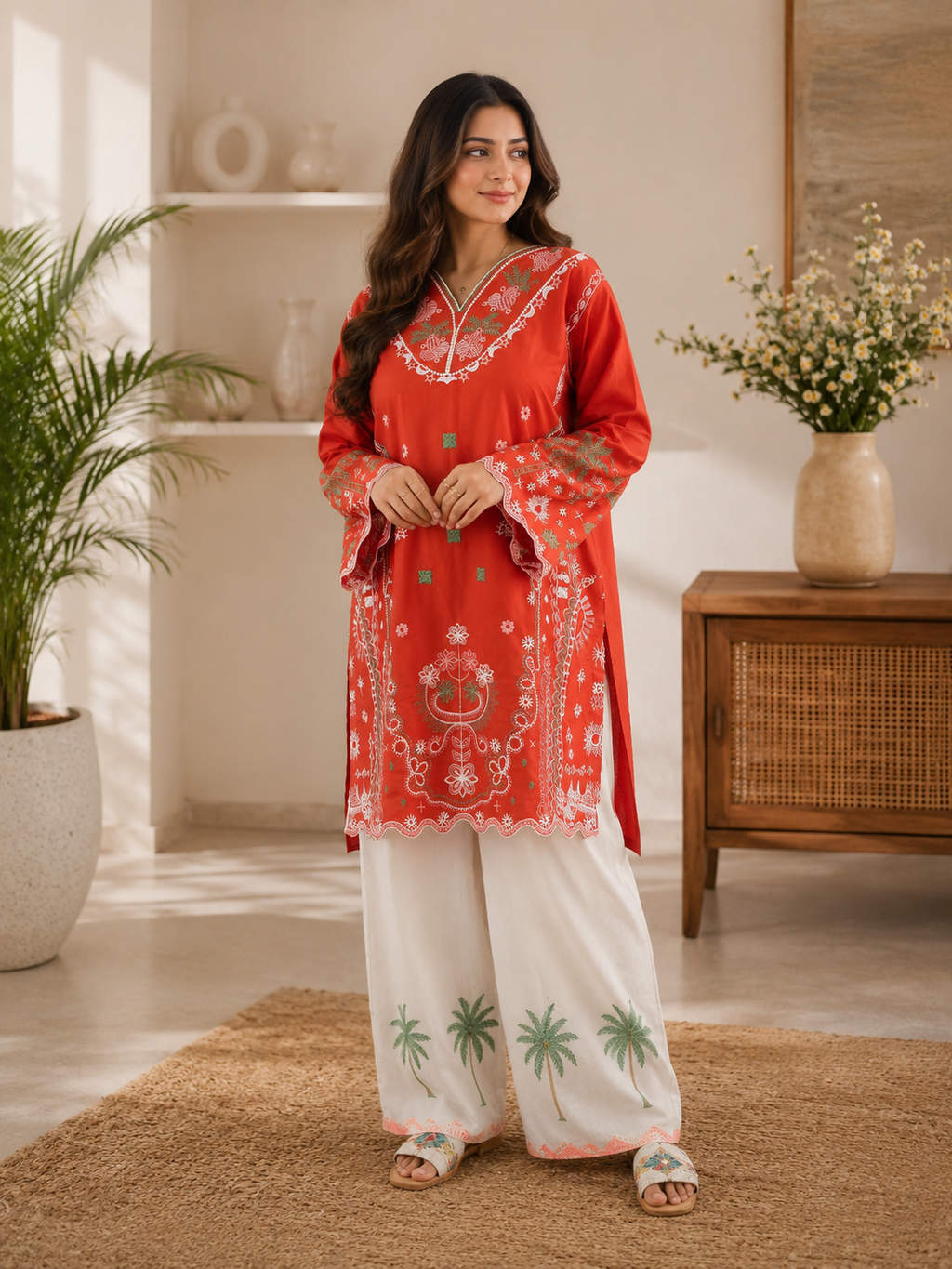 Rust Orange Embroidered 2-Piece Women’s Co-Ord Set