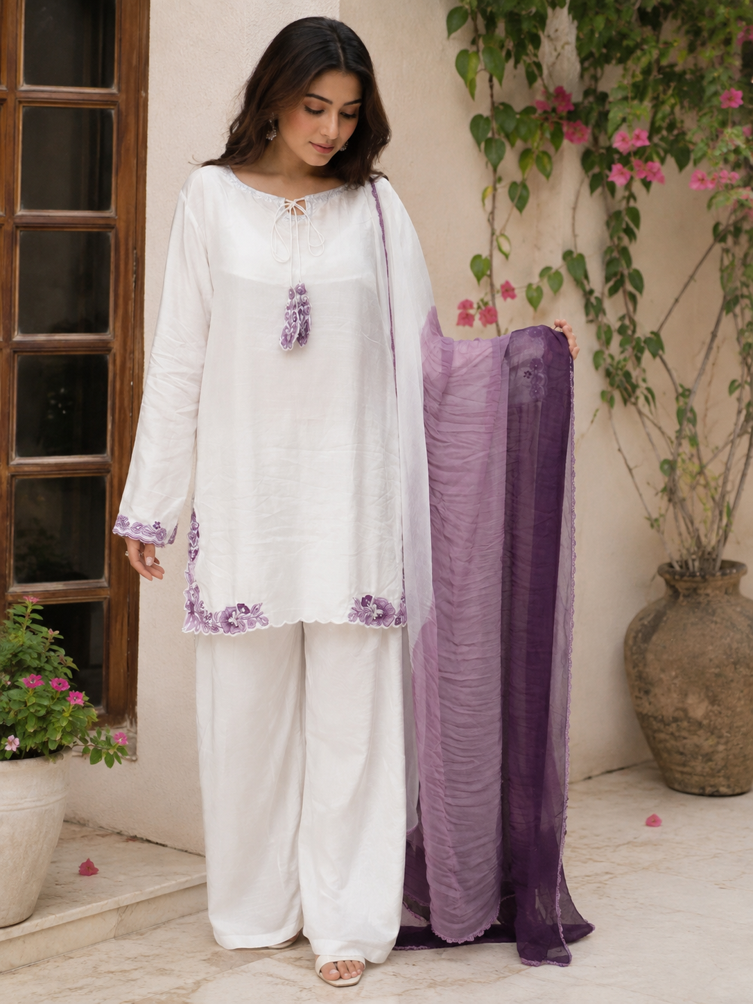 White Hand-Embellished 3-Piece Luxury Suit with Purple Dupatta