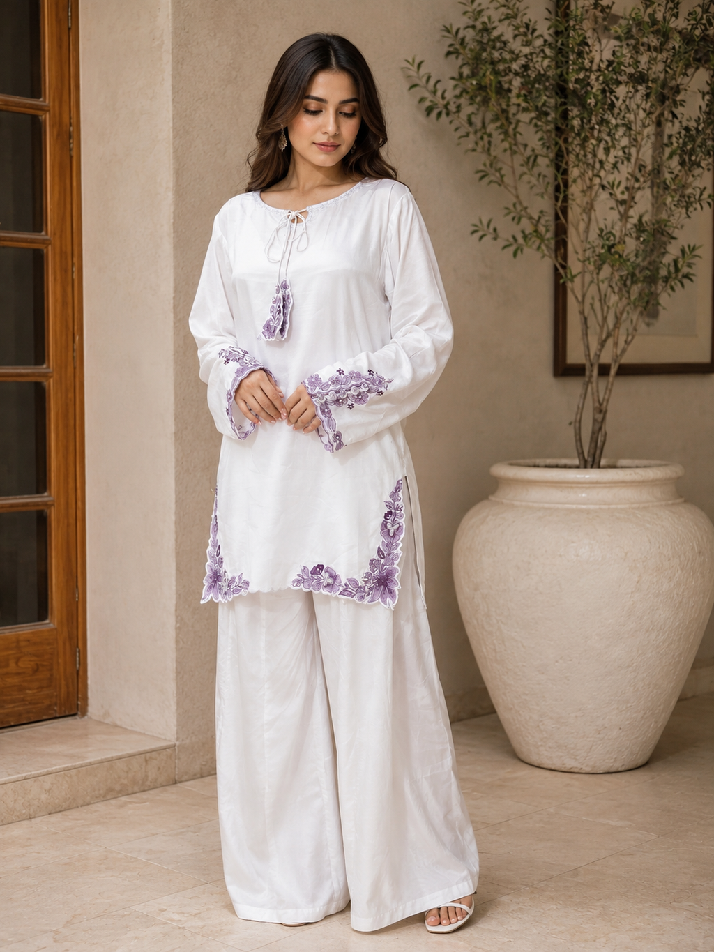 White Hand-Embellished 3-Piece Luxury Suit with Purple Dupatta