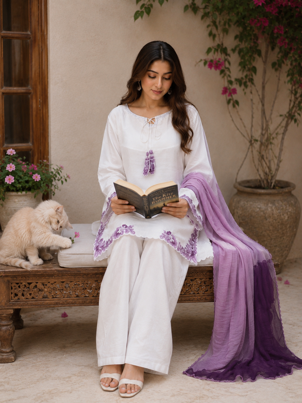 White Hand-Embellished 3-Piece Luxury Suit with Purple Dupatta