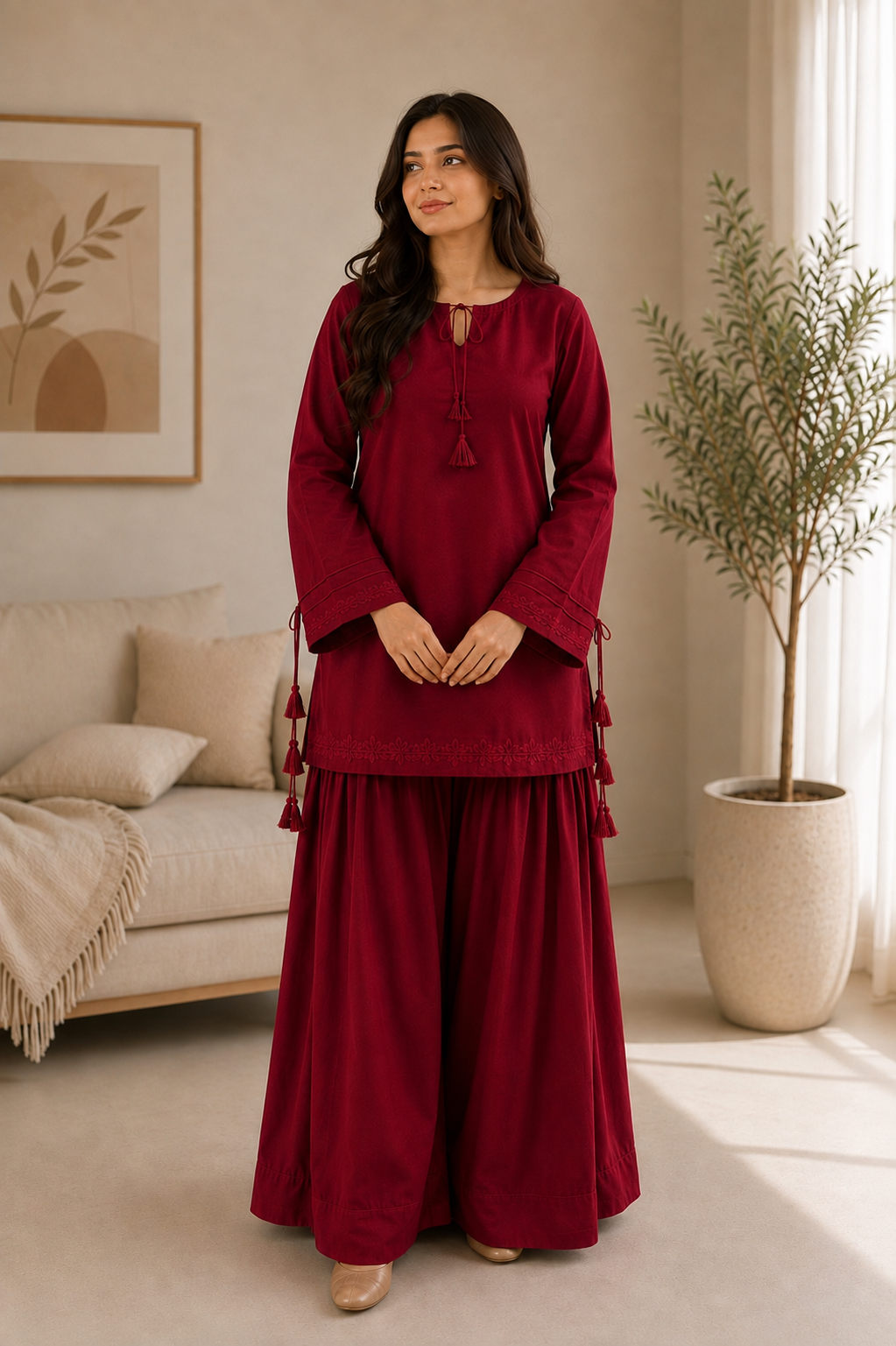 Maroon Embroidered Kurta with Wide-Leg Bottom