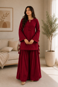 Maroon Embroidered Kurta with Wide-Leg Bottom