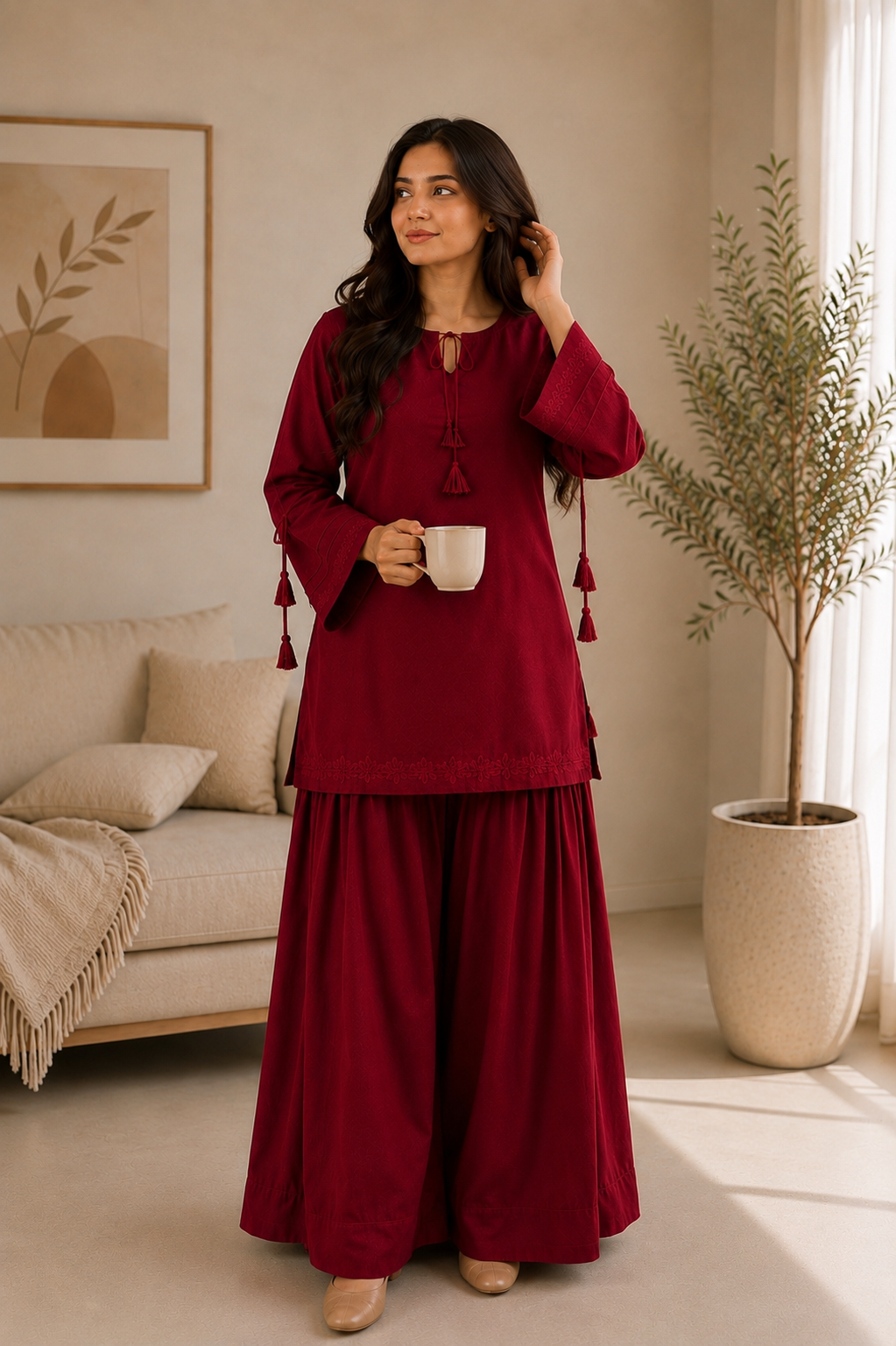 Maroon Embroidered Kurta with Wide-Leg Bottom