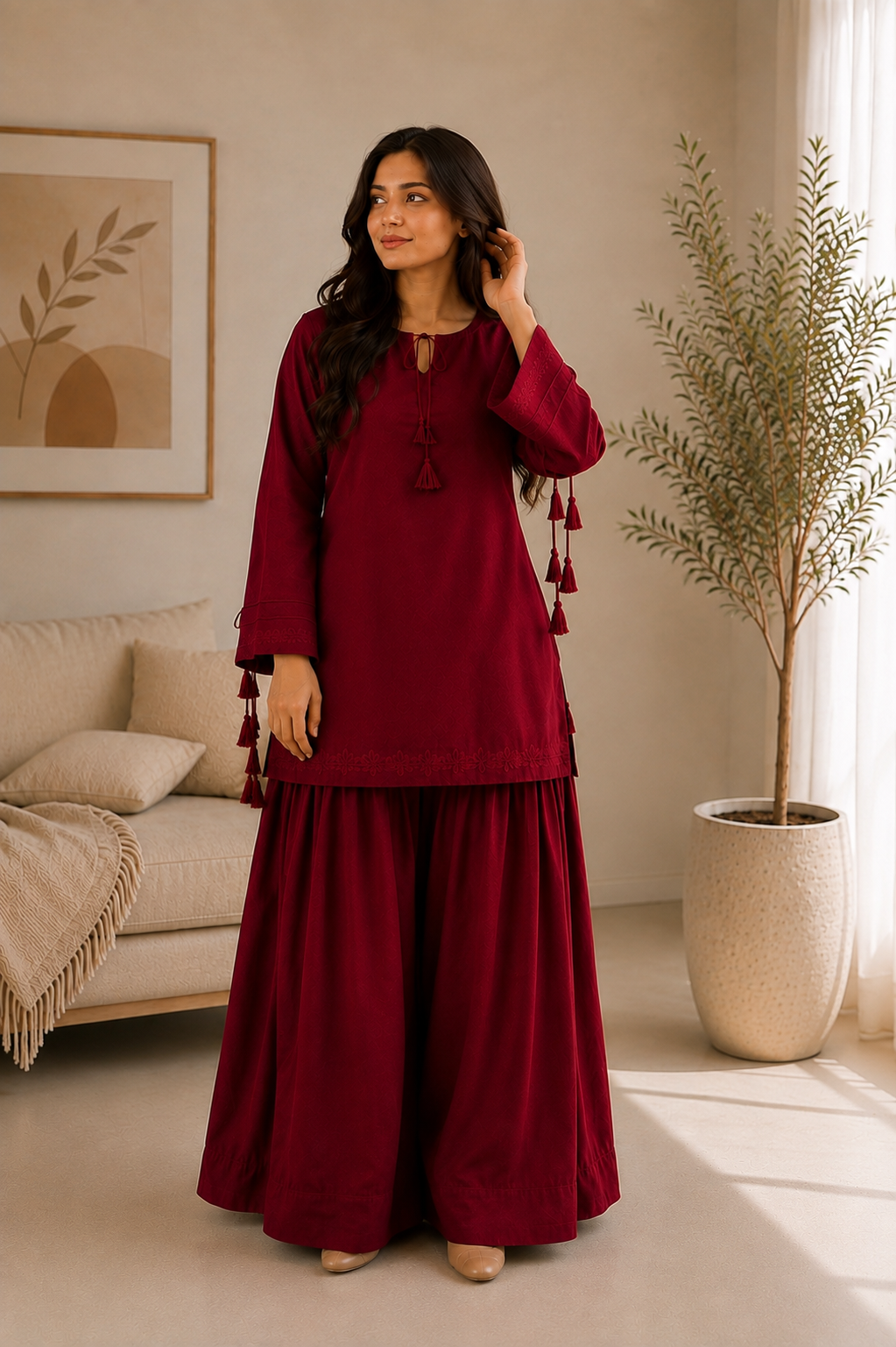 Maroon Embroidered Kurta with Wide-Leg Bottom
