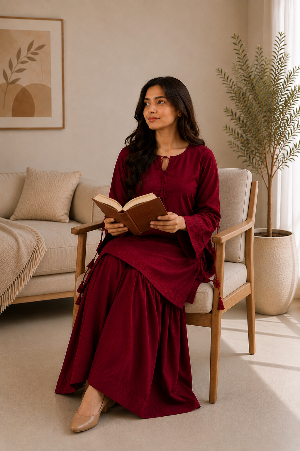 Maroon Embroidered Kurta with Wide-Leg Bottom